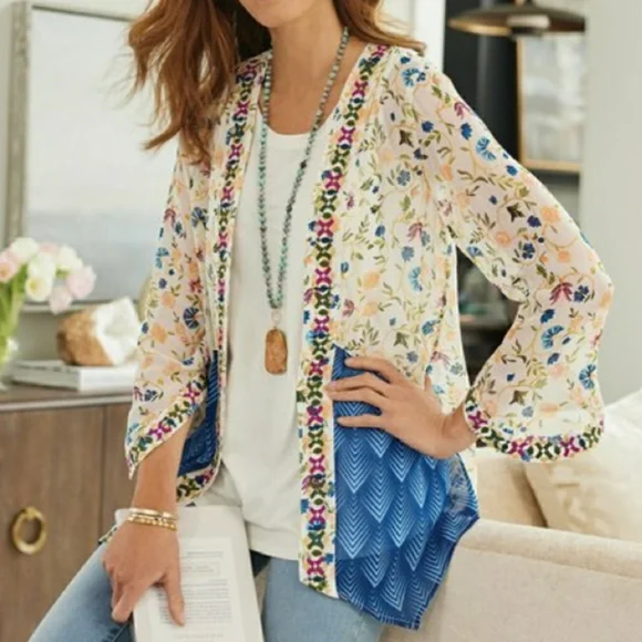 Soft Surroundings Art Nouveau Topper Kimono Cardigan Semi Sheer Floral Women PS - Picture 1 of 8